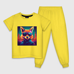 Пижама хлопковая детская Антропоморфный лис в очках на фоне города, цвет: желтый