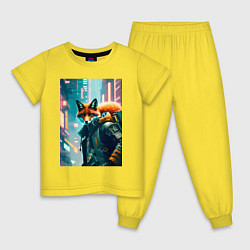 Пижама хлопковая детская Лисица в большом городе - киберпанк, цвет: желтый
