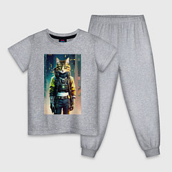 Пижама хлопковая детская Крутой котяра - киберпанк - нейросеть, цвет: меланж