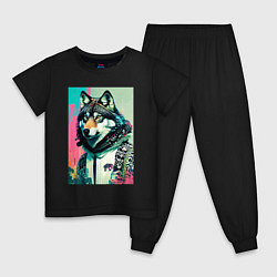 Пижама хлопковая детская Волчара модник - нейросеть, цвет: черный