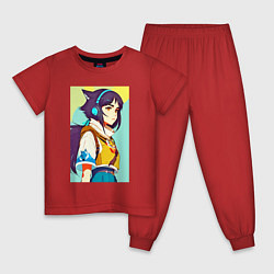 Пижама хлопковая детская Девчонка-волчонок в наушниках - аниме - нейросеть, цвет: красный