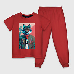 Пижама хлопковая детская Лис модник - нейросеть, цвет: красный