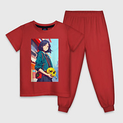 Пижама хлопковая детская Городская девчонка с жёлтым черепом - аниме, цвет: красный