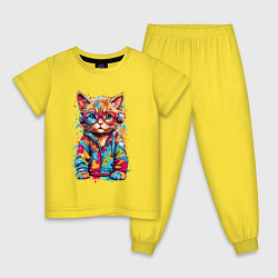 Пижама хлопковая детская Рыжий кот слушает музыку, цвет: желтый
