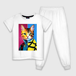 Пижама хлопковая детская Портрет модного кота - поп-арт, цвет: белый
