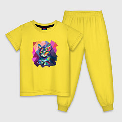 Пижама хлопковая детская Кот в стиле полигональном, цвет: желтый