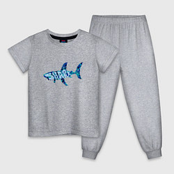 Пижама хлопковая детская Акула из мозаики цвета моря с надписью shark, цвет: меланж