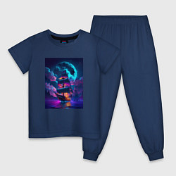 Пижама хлопковая детская Корабль в неоновом море, цвет: тёмно-синий