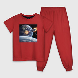 Пижама хлопковая детская Ракета улетает на луну, цвет: красный