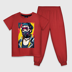 Пижама хлопковая детская Девчонка в маске - киберпанк - нейросеть, цвет: красный