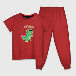 Пижама хлопковая детская Тираннозавр в очках с надписью технозавр, цвет: красный
