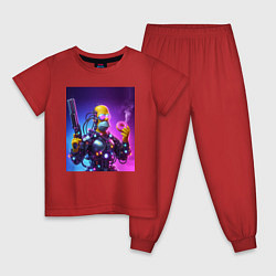 Пижама хлопковая детская Гомер Симпсон с пистолетом и пончиком - киберпанк, цвет: красный