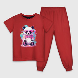 Пижама хлопковая детская Милая панда в розовых очках и бантике, цвет: красный