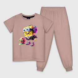 Пижама хлопковая детская Губка Боб и улитка Гэри - киберпанк, цвет: пыльно-розовый
