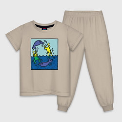 Пижама хлопковая детская Человечки и дельфины, цвет: миндальный
