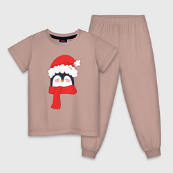 Пижама хлопковая детская Новогодний пингвин в шапке Деда Мороза, цвет: пыльно-розовый
