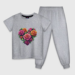 Пижама хлопковая детская Цветы розы в форме сердца, цвет: меланж