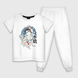 Пижама хлопковая детская Танджиро Камадо и иероглифы, цвет: белый