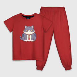 Пижама хлопковая детская Важный кот с галстуком, цвет: красный