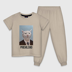 Пижама хлопковая детская Приемлемо - кот мем в живописи, цвет: миндальный
