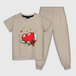 Пижама хлопковая детская Сердце с розой и черепом, цвет: миндальный