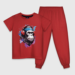 Пижама хлопковая детская Шимпанзе в наушниках, цвет: красный