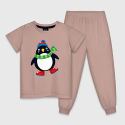 Пижама хлопковая детская Пингвин на коньках, цвет: пыльно-розовый