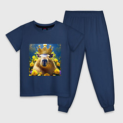 Пижама хлопковая детская Мем капибара царь на троне и желтые цветы, цвет: тёмно-синий
