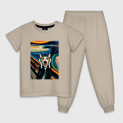 Пижама хлопковая детская Крик кота - пародия нейросети, цвет: миндальный