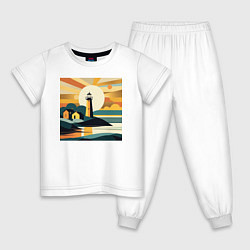 Пижама хлопковая детская Маяк под лучами солнца минимализм, цвет: белый