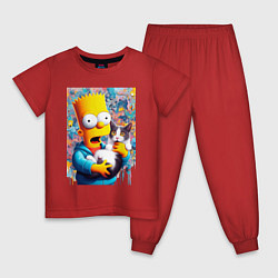 Пижама хлопковая детская Bart Simpson with a kitten - ai art, цвет: красный
