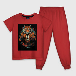Пижама хлопковая детская Муай Тай тигр в стойке, цвет: красный