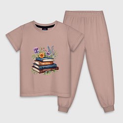 Пижама хлопковая детская Стопка книг с полевыми цветами, цвет: пыльно-розовый