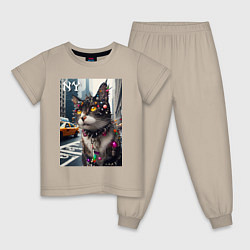 Пижама хлопковая детская Пирсинг Нью-Йоркского кота - нейросеть, цвет: миндальный