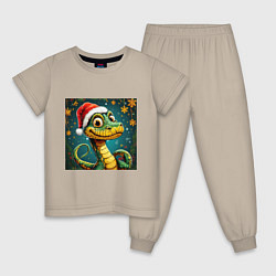 Пижама хлопковая детская Новогодняя змейка в красной шапке, цвет: миндальный