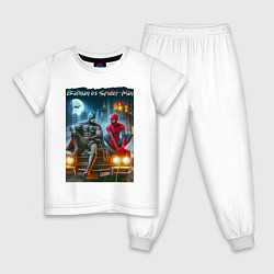 Пижама хлопковая детская Разговор Бэтмена и человека паука на капоте автомо, цвет: белый