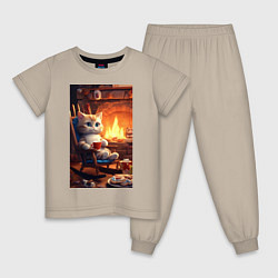 Детская пижама Уютный кот у камина с чашкой какао