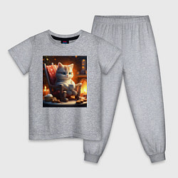 Пижама хлопковая детская Уютный кот у камина с чашкой какао, цвет: меланж