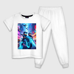 Пижама хлопковая детская Майнкрафт и киберпанк - чувак на мотоцикле, цвет: белый