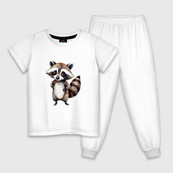 Пижама хлопковая детская Енот стоит на задних лапах, цвет: белый