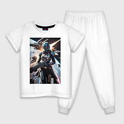 Пижама хлопковая детская Девушка-мандалорец летит в космосе, цвет: белый