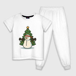 Пижама хлопковая детская Снеговик с гирями, цвет: белый