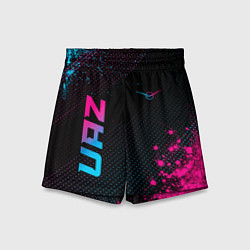 Шорты детские UAZ - neon gradient: символ и надпись вертикально, цвет: 3D-принт