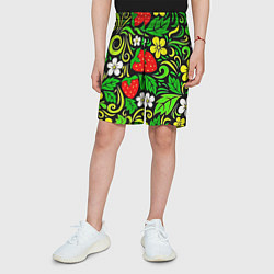 Шорты детские Роспись земляника и цветы, цвет: 3D-принт — фото 2