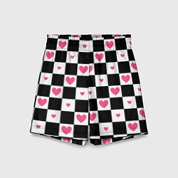 Шорты детские Розовые сердечки на фоне шахматной черно-белой дос, цвет: 3D-принт