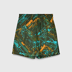 Детские шорты Киберпанк линии оранжевые и голубые