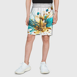 Шорты детские Бирюзово голубая абстракция, брызги краски на бело, цвет: 3D-принт — фото 2