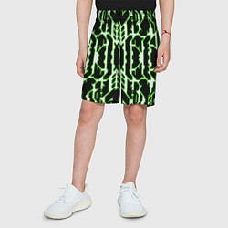 Шорты детские Техно белые линии с зелёной обводкой на чёрном фон, цвет: 3D-принт — фото 2
