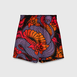 Шорты детские Цветы и змея - Японский стиль, цвет: 3D-принт