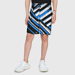 Шорты детские Бело-синие диагональные полосы на чёрном фоне, цвет: 3D-принт — фото 2